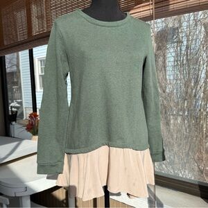 LOGO Mixed Media Top Olive Green Cotton Terry Sweatshirt, Ruffle, Pockets, Sz XS